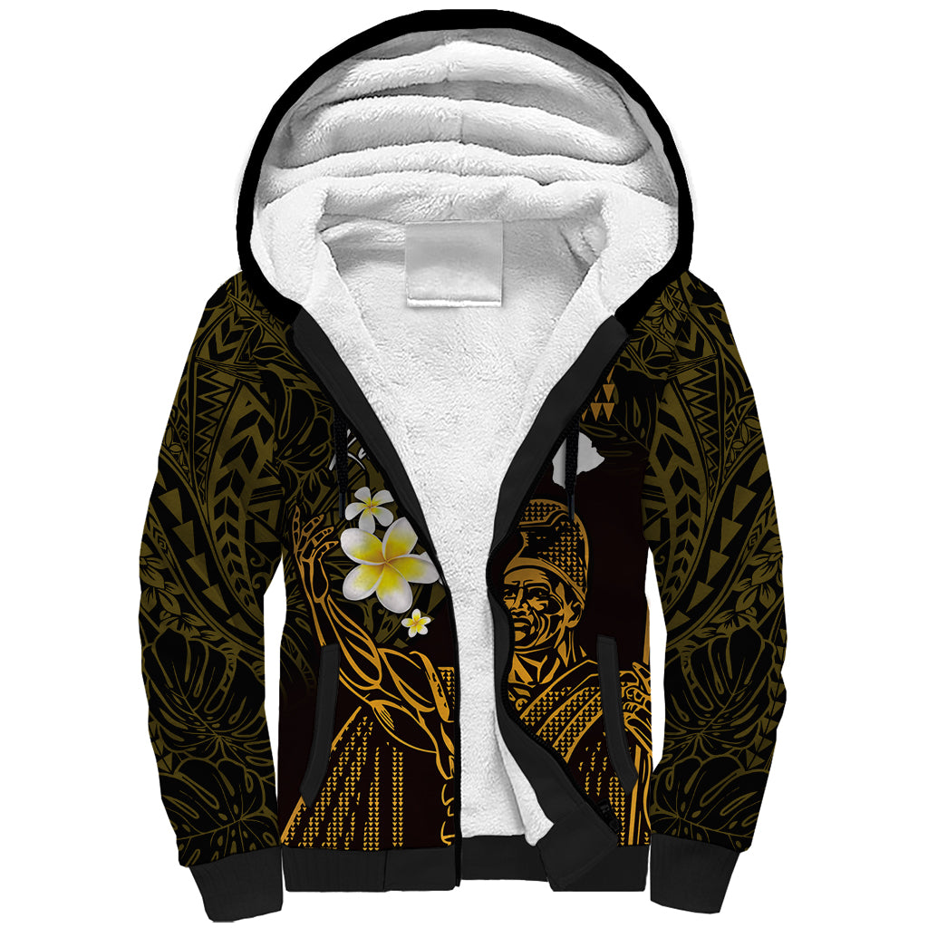 Personalised Hawaii King Kamehameha Day Sherpa Hoodie Plumeria With Kakau Pattern - Gold