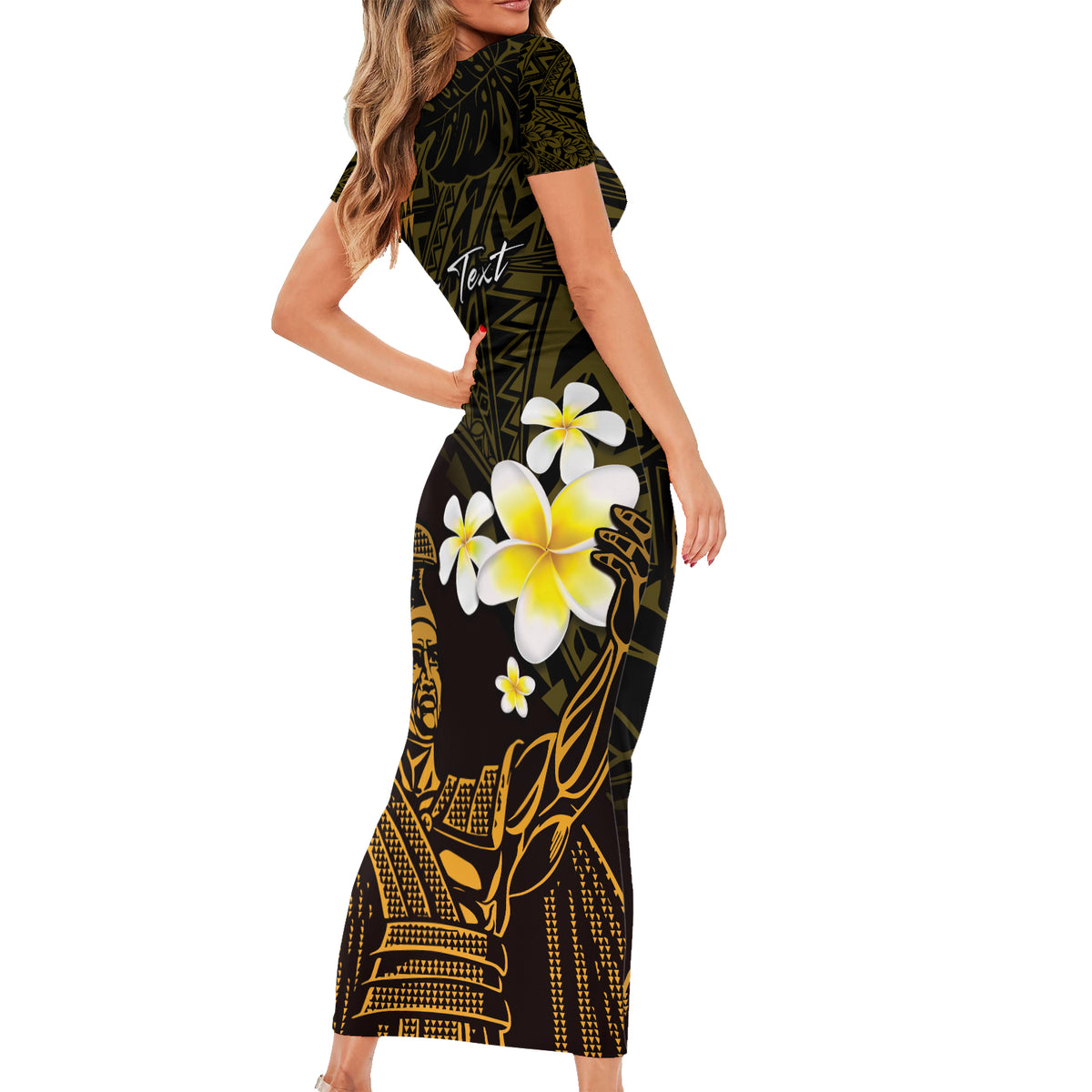 Personalised Hawaii King Kamehameha Day Short Sleeve Bodycon Dress Plumeria With Kakau Pattern - Gold