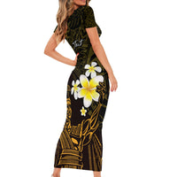 Personalised Hawaii King Kamehameha Day Short Sleeve Bodycon Dress Plumeria With Kakau Pattern - Gold