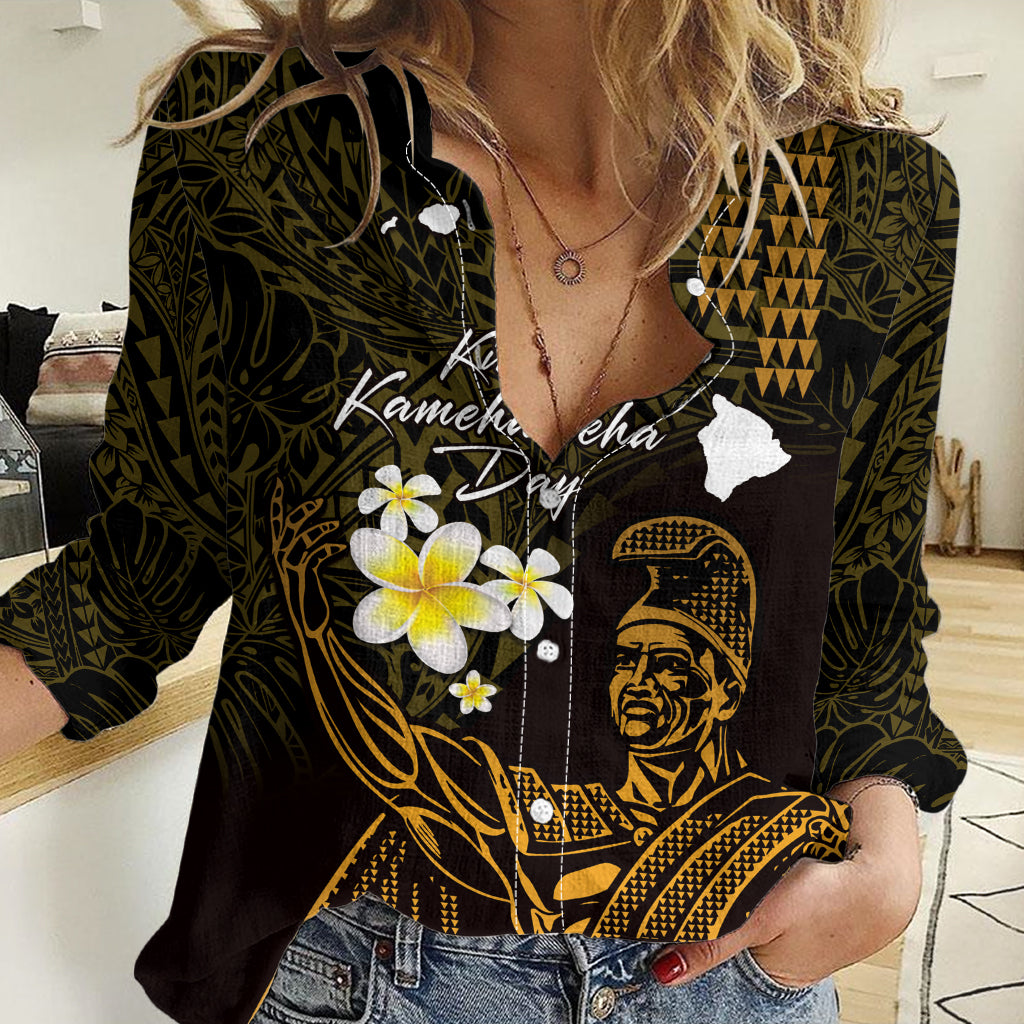 Personalised Hawaii King Kamehameha Day Women Casual Shirt Plumeria With Kakau Pattern - Gold