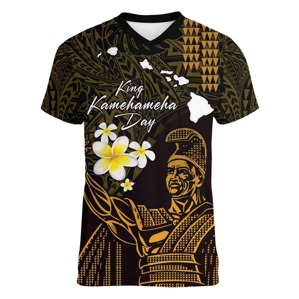 Personalised Hawaii King Kamehameha Day Women V Neck T Shirt Plumeria With Kakau Pattern - Gold