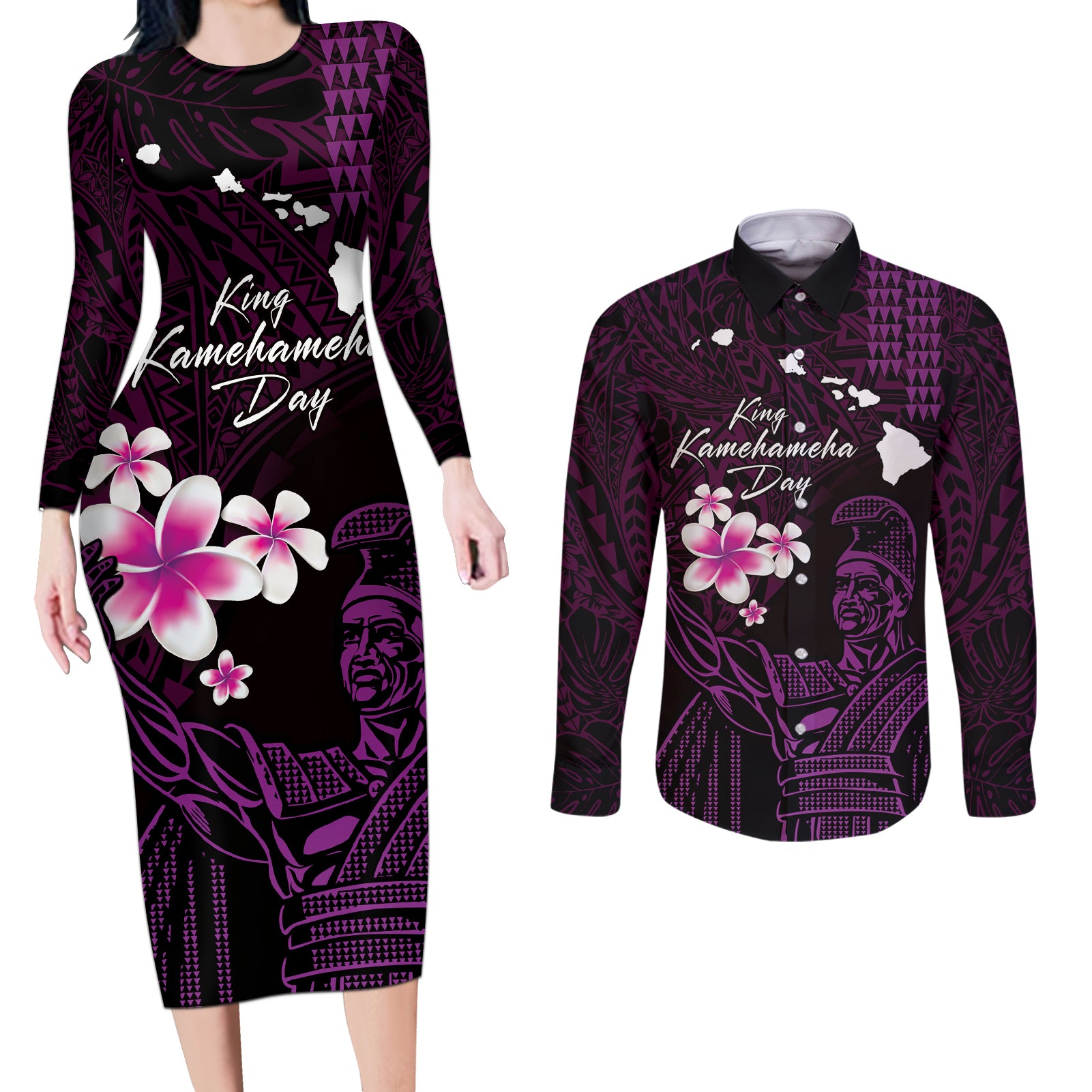 Personalised Hawaii King Kamehameha Day Couples Matching Long Sleeve Bodycon Dress and Long Sleeve Button Shirt Plumeria With Kakau Pattern - Purple