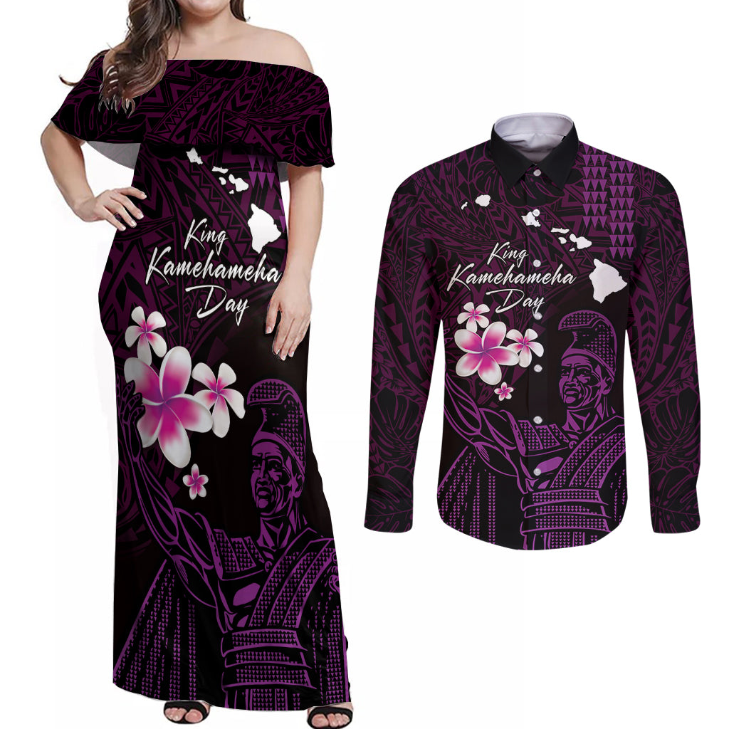 Personalised Hawaii King Kamehameha Day Couples Matching Off Shoulder Maxi Dress and Long Sleeve Button Shirt Plumeria With Kakau Pattern - Purple