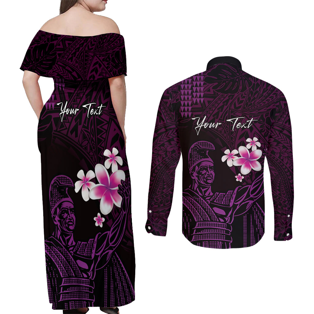 Personalised Hawaii King Kamehameha Day Couples Matching Off Shoulder Maxi Dress and Long Sleeve Button Shirt Plumeria With Kakau Pattern - Purple