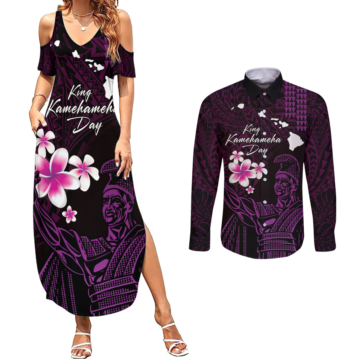Personalised Hawaii King Kamehameha Day Couples Matching Summer Maxi Dress and Long Sleeve Button Shirt Plumeria With Kakau Pattern - Purple