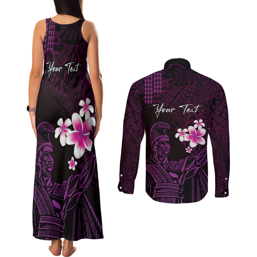 Personalised Hawaii King Kamehameha Day Couples Matching Tank Maxi Dress and Long Sleeve Button Shirt Plumeria With Kakau Pattern - Purple