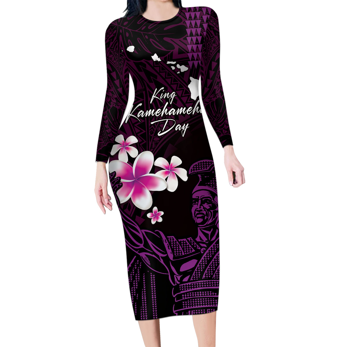 Personalised Hawaii King Kamehameha Day Family Matching Long Sleeve Bodycon Dress and Hawaiian Shirt Plumeria With Kakau Pattern - Purple