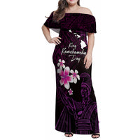 Personalised Hawaii King Kamehameha Day Family Matching Off Shoulder Maxi Dress and Hawaiian Shirt Plumeria With Kakau Pattern - Purple
