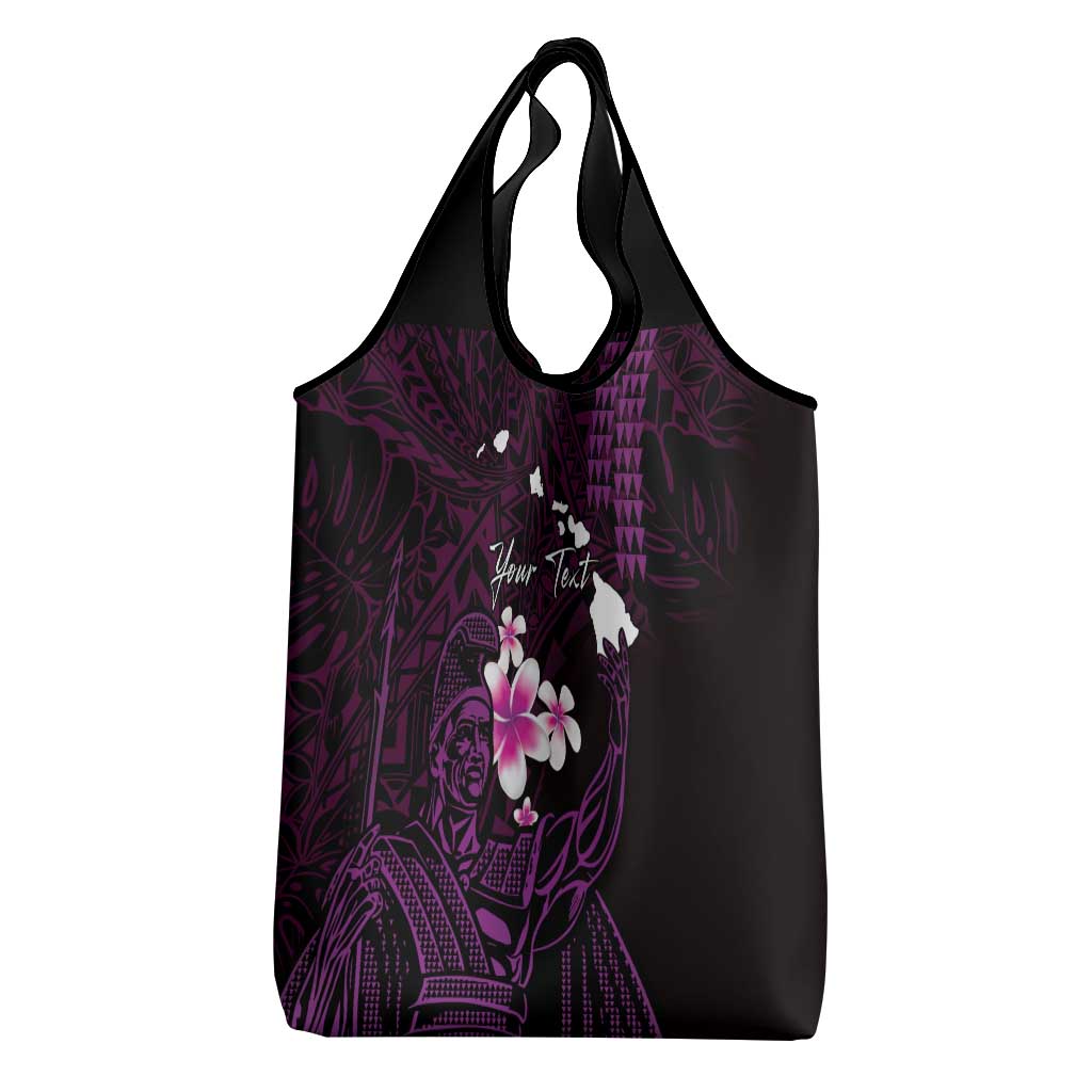 Personalised Hawaii King Kamehameha Day Grocery Bag Plumeria With Kakau Pattern - Purple