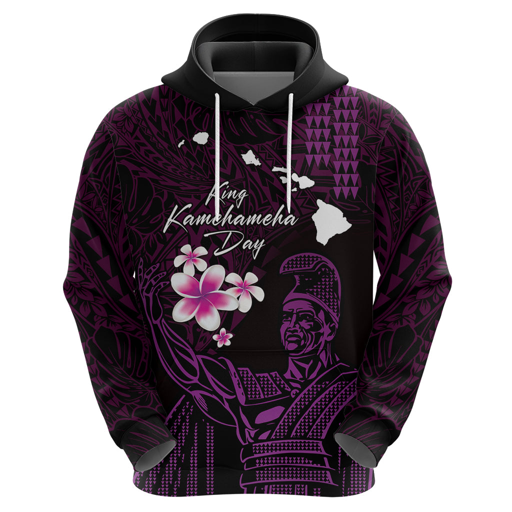 Personalised Hawaii King Kamehameha Day Hoodie Plumeria With Kakau Pattern - Purple