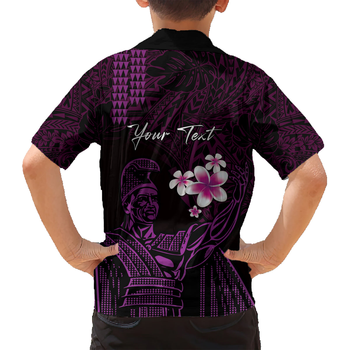 Personalised Hawaii King Kamehameha Day Kid Hawaiian Shirt Plumeria With Kakau Pattern - Purple