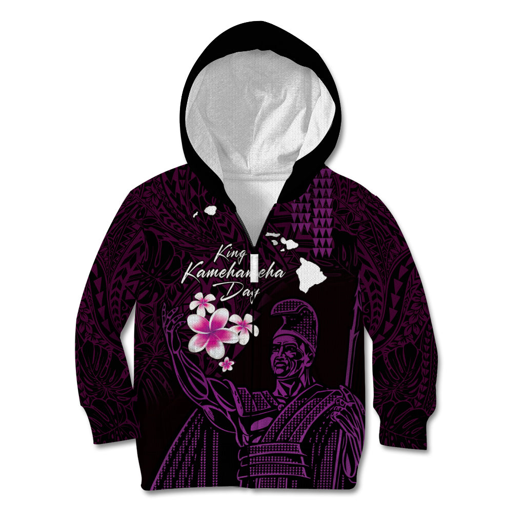 Personalised Hawaii King Kamehameha Day Kid Hoodie Plumeria With Kakau Pattern - Purple