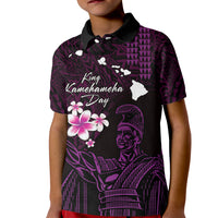 Personalised Hawaii King Kamehameha Day Kid Polo Shirt Plumeria With Kakau Pattern - Purple