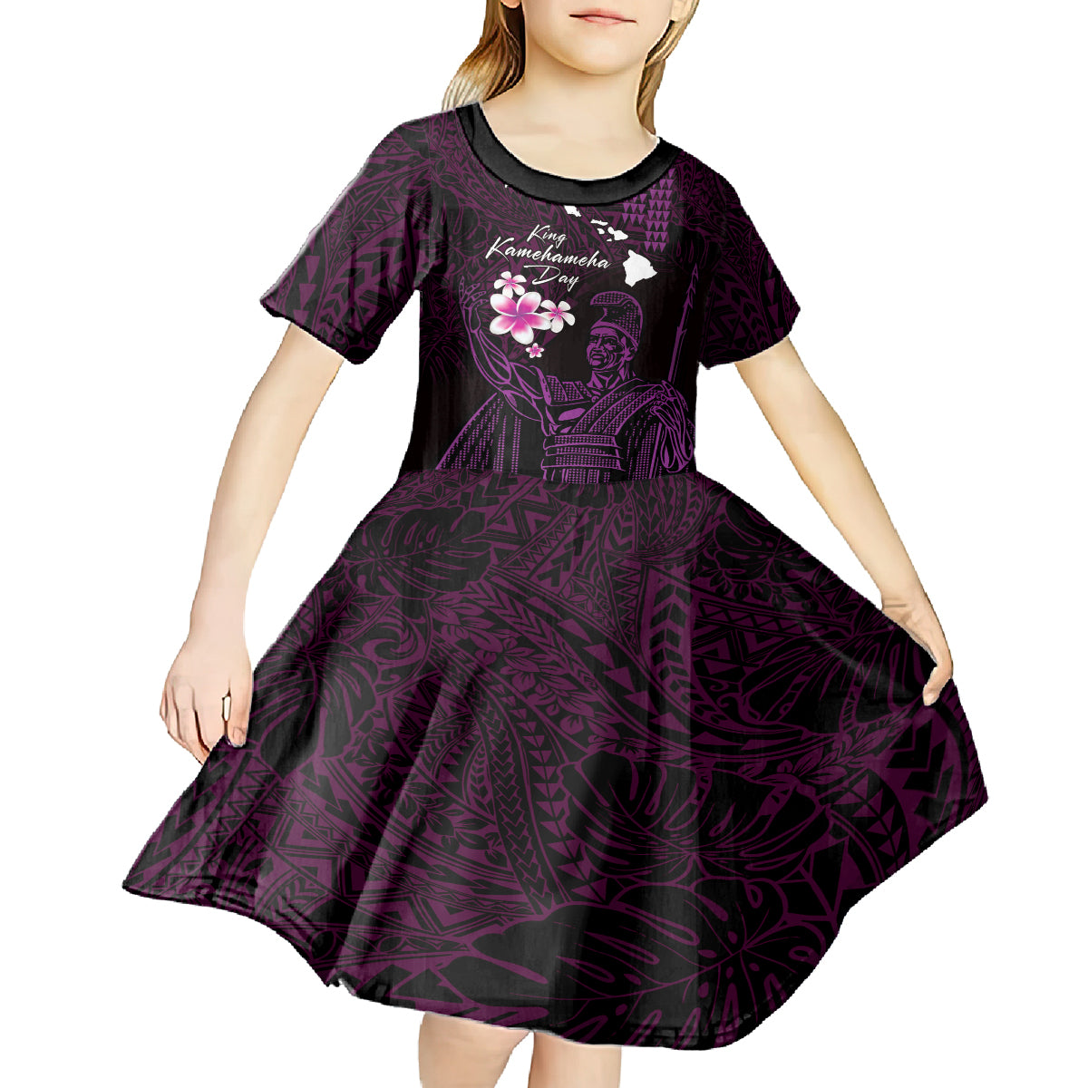 Personalised Hawaii King Kamehameha Day Kid Short Sleeve Dress Plumeria With Kakau Pattern - Purple