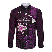 Personalised Hawaii King Kamehameha Day Long Sleeve Button Shirt Plumeria With Kakau Pattern - Purple