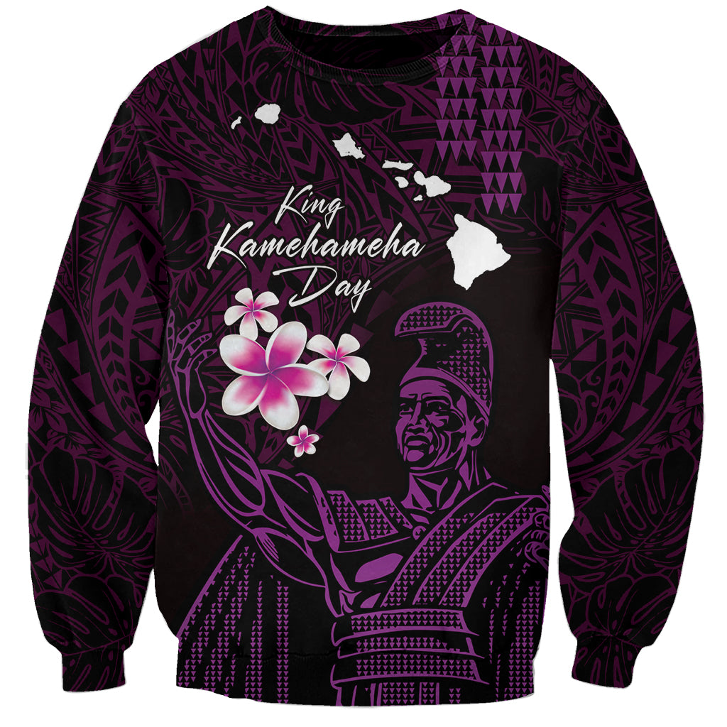 Personalised Hawaii King Kamehameha Day Sweatshirt Plumeria With Kakau Pattern - Purple