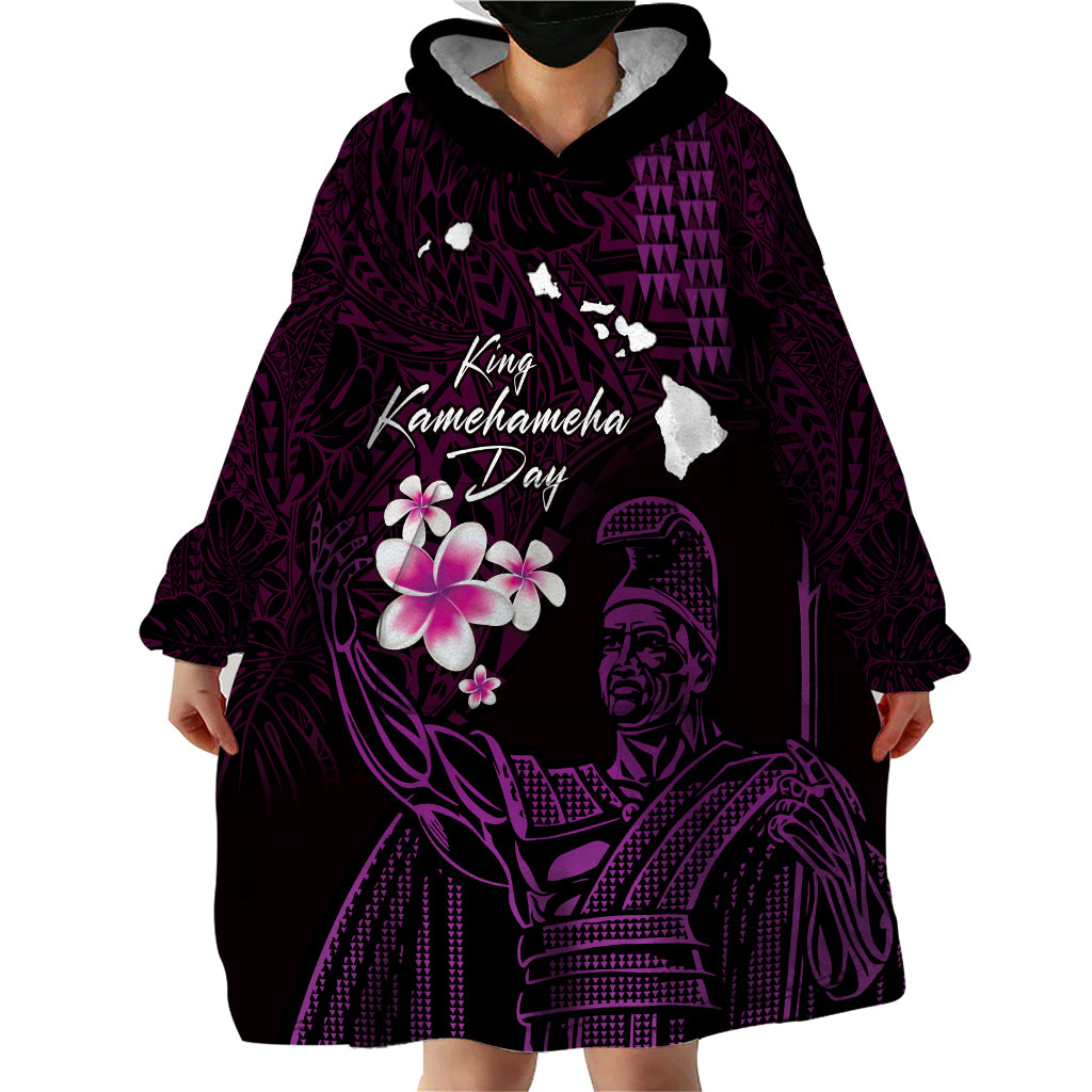 Personalised Hawaii King Kamehameha Day Wearable Blanket Hoodie Plumeria With Kakau Pattern - Purple