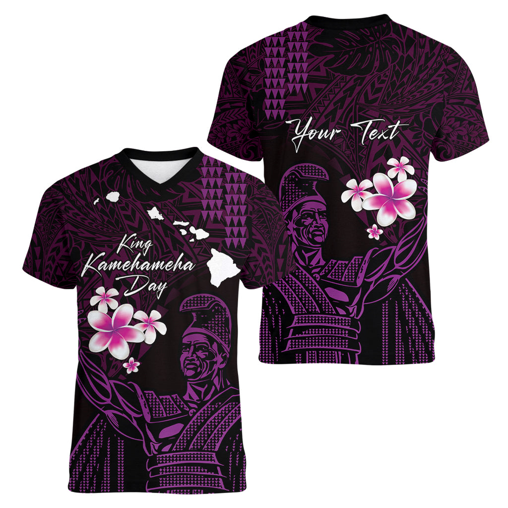 Personalised Hawaii King Kamehameha Day Women V Neck T Shirt Plumeria With Kakau Pattern - Purple
