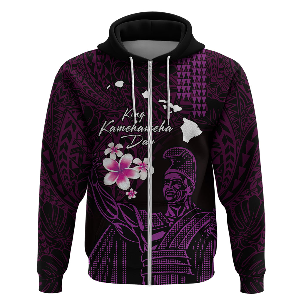 Personalised Hawaii King Kamehameha Day Zip Hoodie Plumeria With Kakau Pattern - Purple