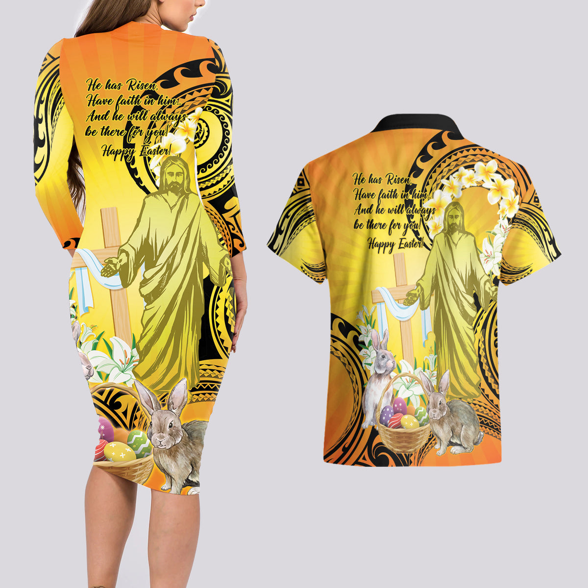 Polynesia Easter Day Couples Matching Long Sleeve Bodycon Dress and Hawaiian Shirt He Is Risen Lilium Longiflorum Polynesian Pattern