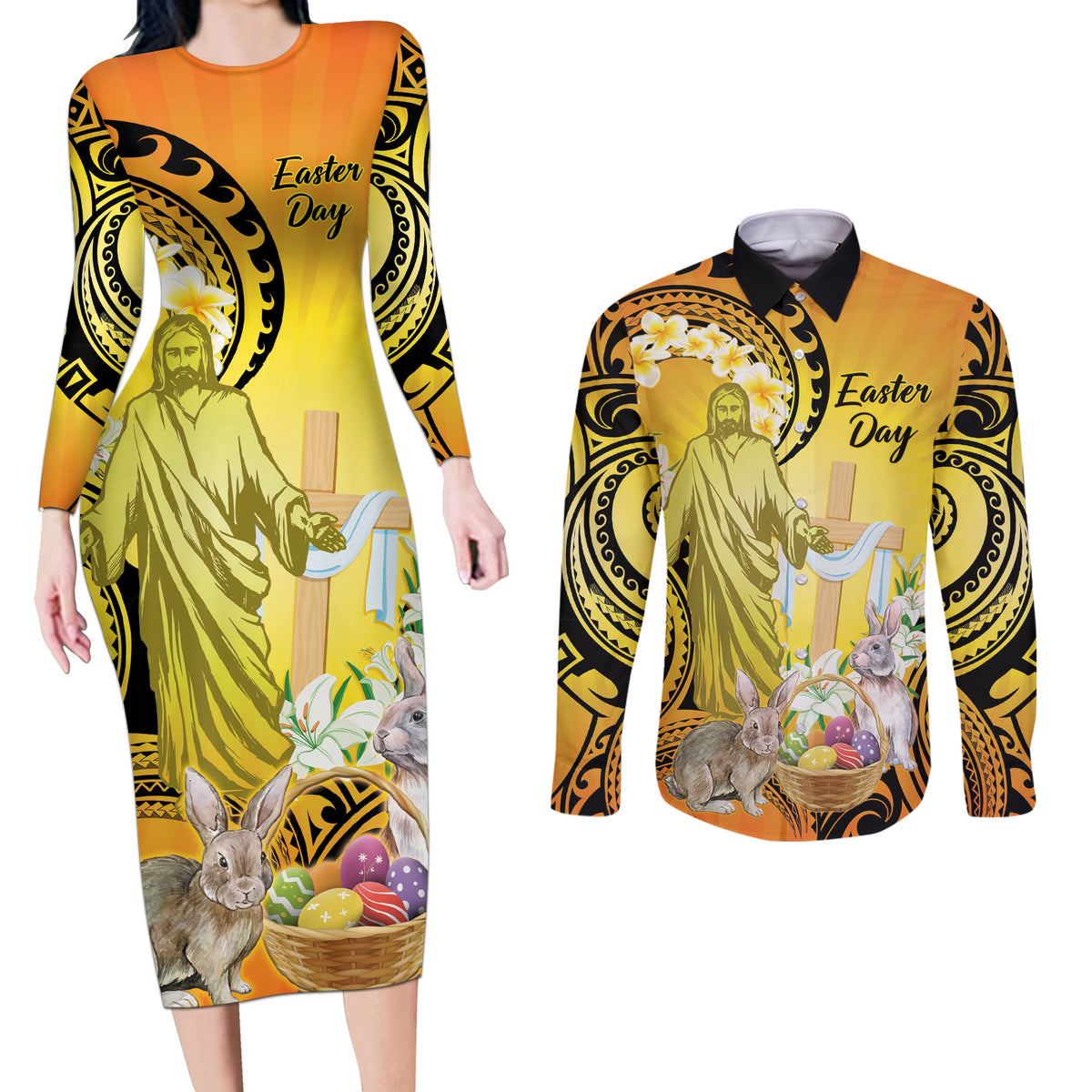 Polynesia Easter Day Couples Matching Long Sleeve Bodycon Dress and Long Sleeve Button Shirt He Is Risen Lilium Longiflorum Polynesian Pattern