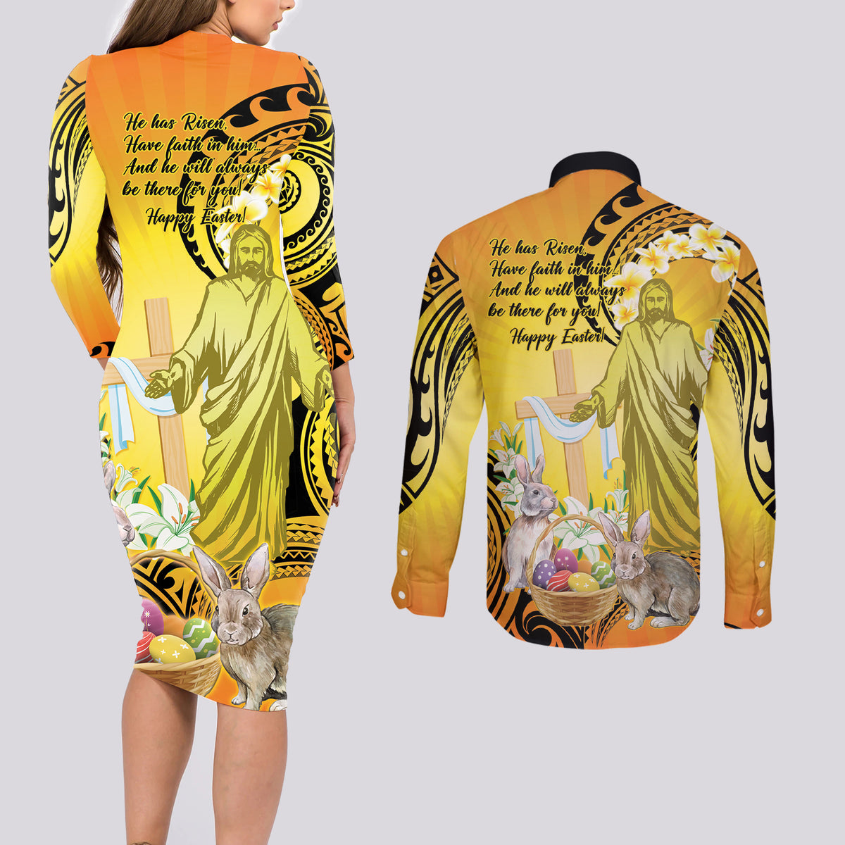 Polynesia Easter Day Couples Matching Long Sleeve Bodycon Dress and Long Sleeve Button Shirt He Is Risen Lilium Longiflorum Polynesian Pattern