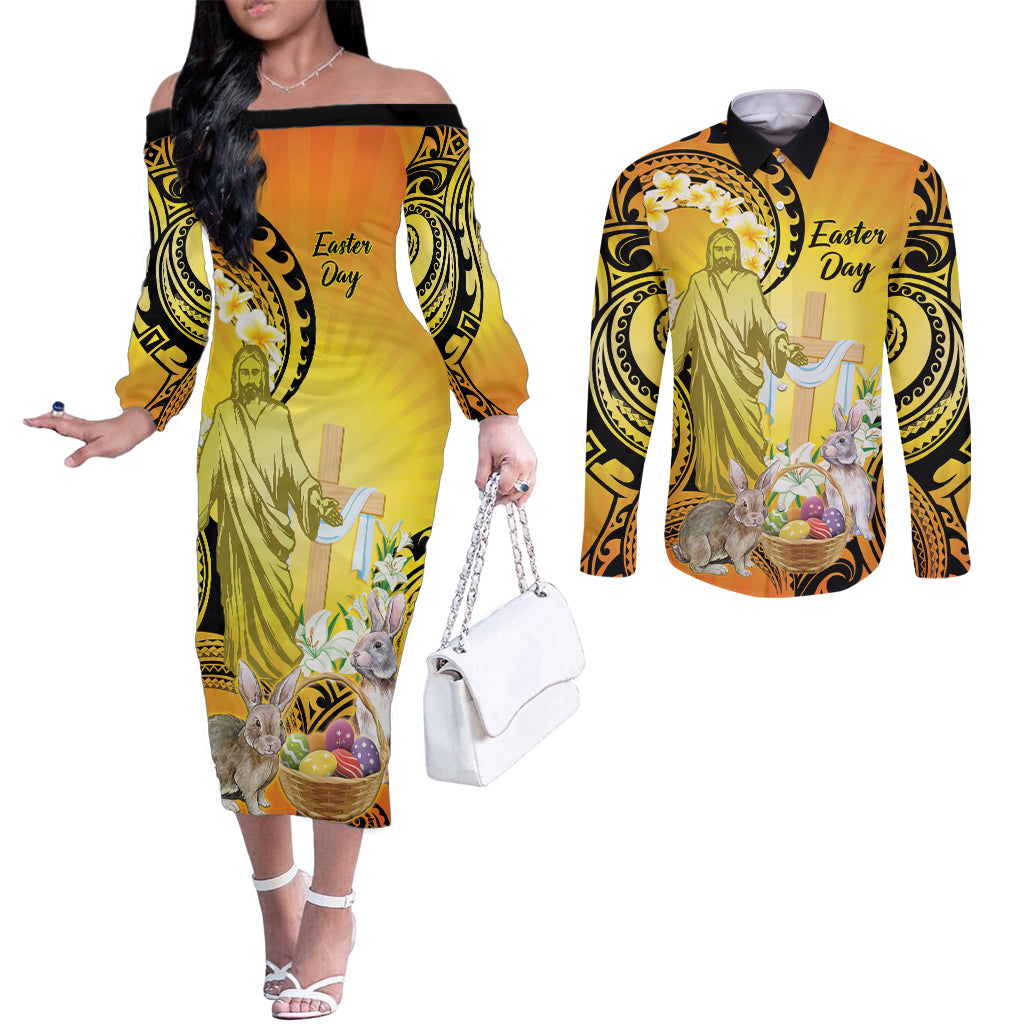 Polynesia Easter Day Couples Matching Off The Shoulder Long Sleeve Dress and Long Sleeve Button Shirt He Is Risen Lilium Longiflorum Polynesian Pattern