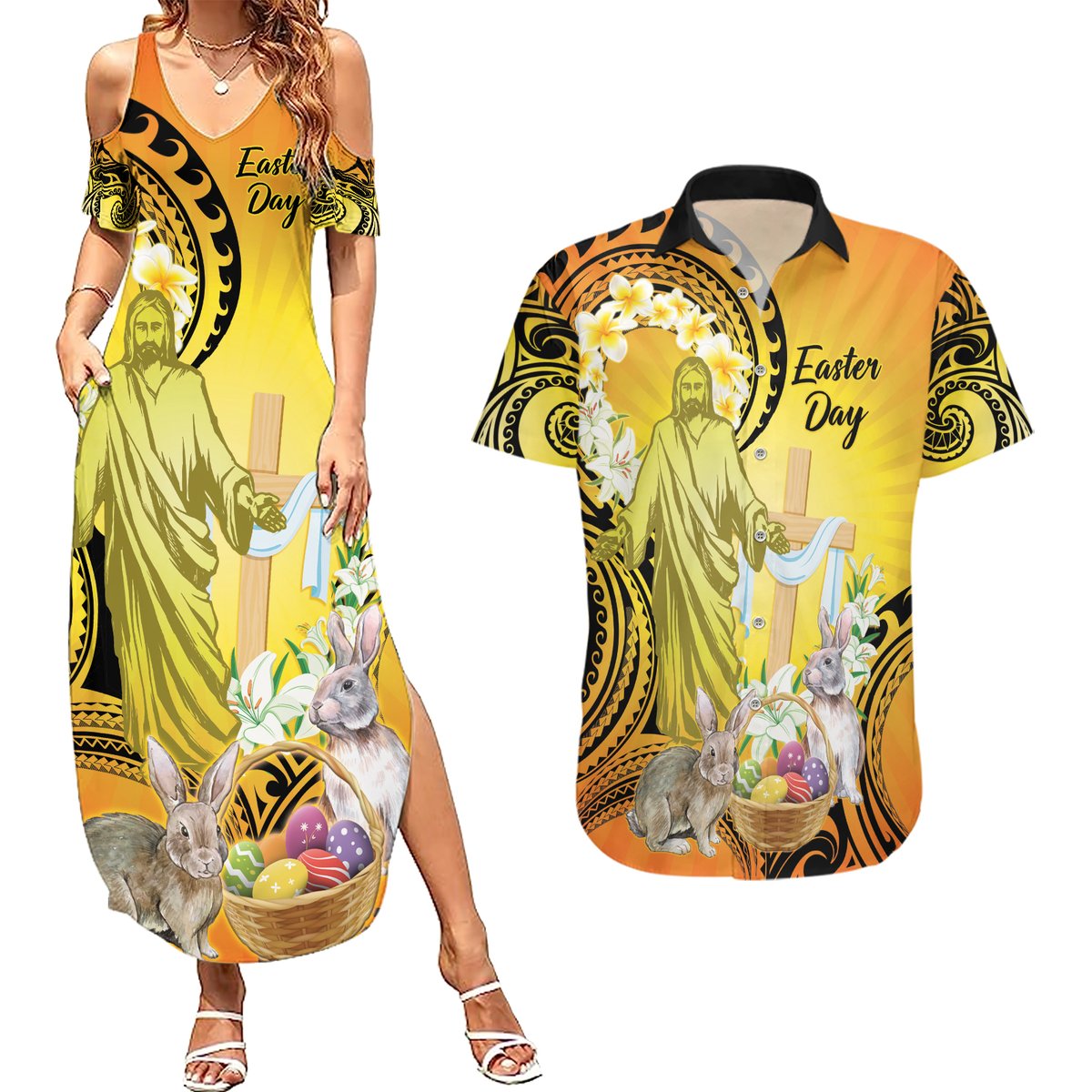 Polynesia Easter Day Couples Matching Summer Maxi Dress and Hawaiian Shirt He Is Risen Lilium Longiflorum Polynesian Pattern