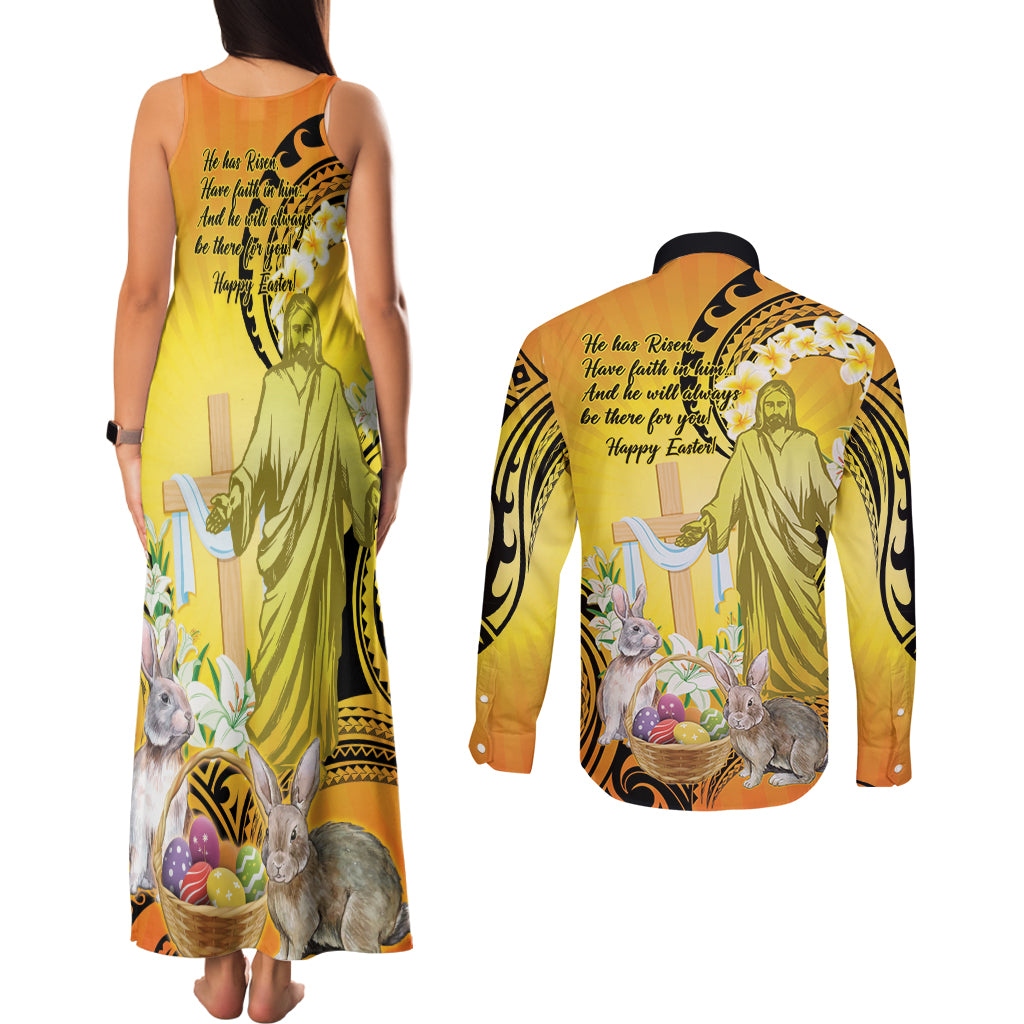 Polynesia Easter Day Couples Matching Tank Maxi Dress and Long Sleeve Button Shirt He Is Risen Lilium Longiflorum Polynesian Pattern LT14 - Polynesian Pride