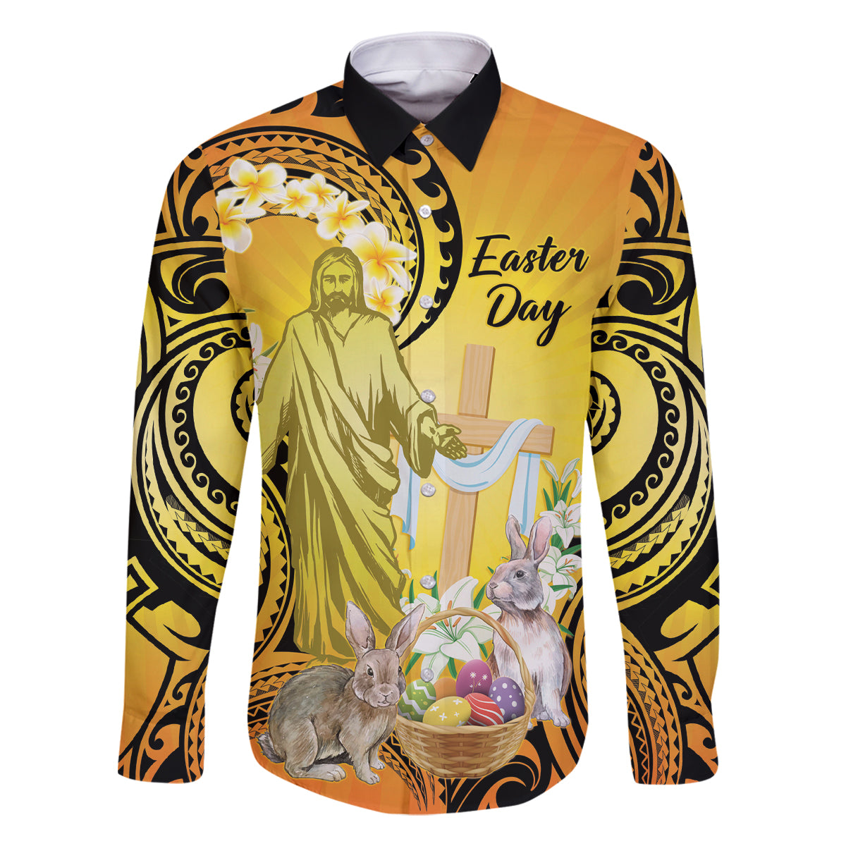 Polynesia Easter Day Family Matching Long Sleeve Bodycon Dress and Hawaiian Shirt He Is Risen Lilium Longiflorum Polynesian Pattern