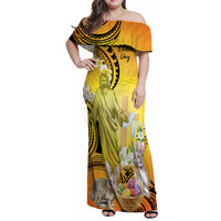 Polynesia Easter Day Family Matching Off Shoulder Maxi Dress and Hawaiian Shirt He Is Risen Lilium Longiflorum Polynesian Pattern