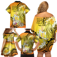 Polynesia Easter Day Family Matching Off Shoulder Short Dress and Hawaiian Shirt He Is Risen Lilium Longiflorum Polynesian Pattern