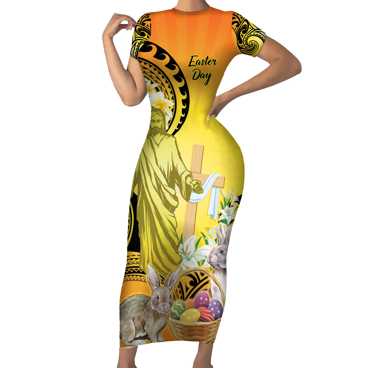 Polynesia Easter Day Family Matching Short Sleeve Bodycon Dress and Hawaiian Shirt He Is Risen Lilium Longiflorum Polynesian Pattern