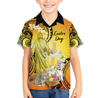 Polynesia Easter Day Family Matching Short Sleeve Bodycon Dress and Hawaiian Shirt He Is Risen Lilium Longiflorum Polynesian Pattern