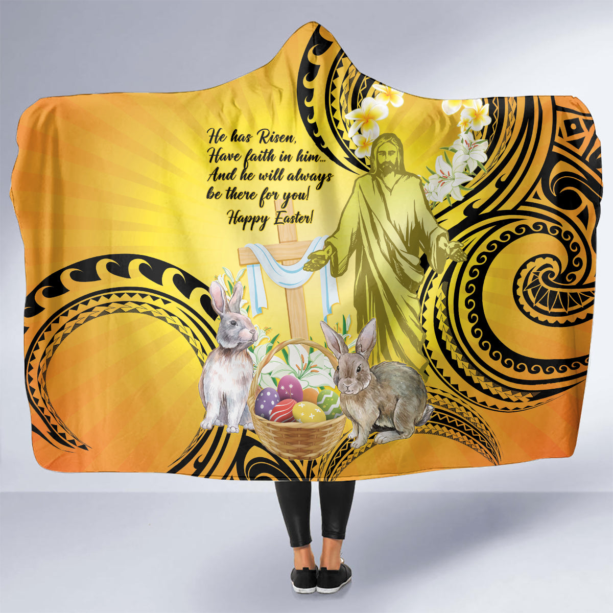 Polynesia Easter Day Hooded Blanket He Is Risen Lilium Longiflorum Polynesian Pattern