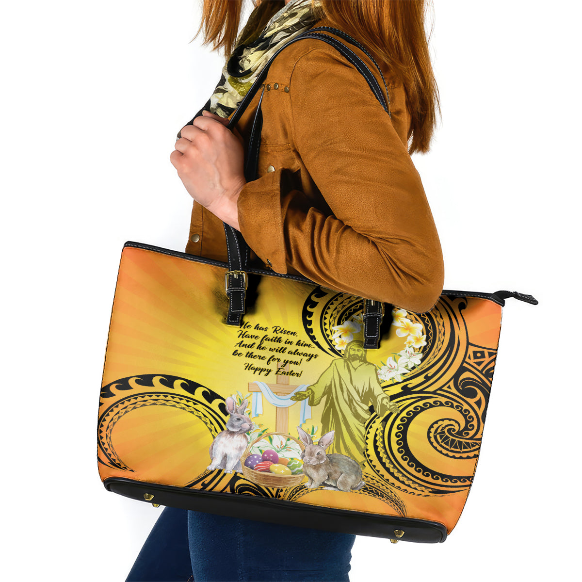 Polynesia Easter Day Leather Tote Bag He Is Risen Lilium Longiflorum Polynesian Pattern LT14 Gold - Polynesian Pride