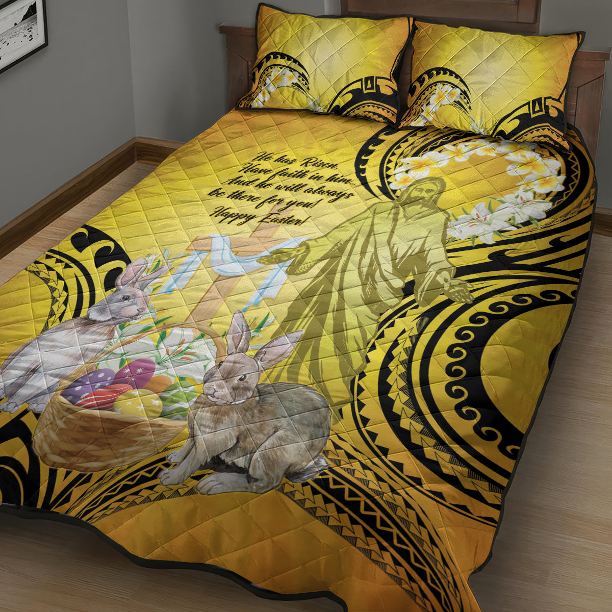 Polynesia Easter Day Quilt Bed Set He Is Risen Lilium Longiflorum Polynesian Pattern