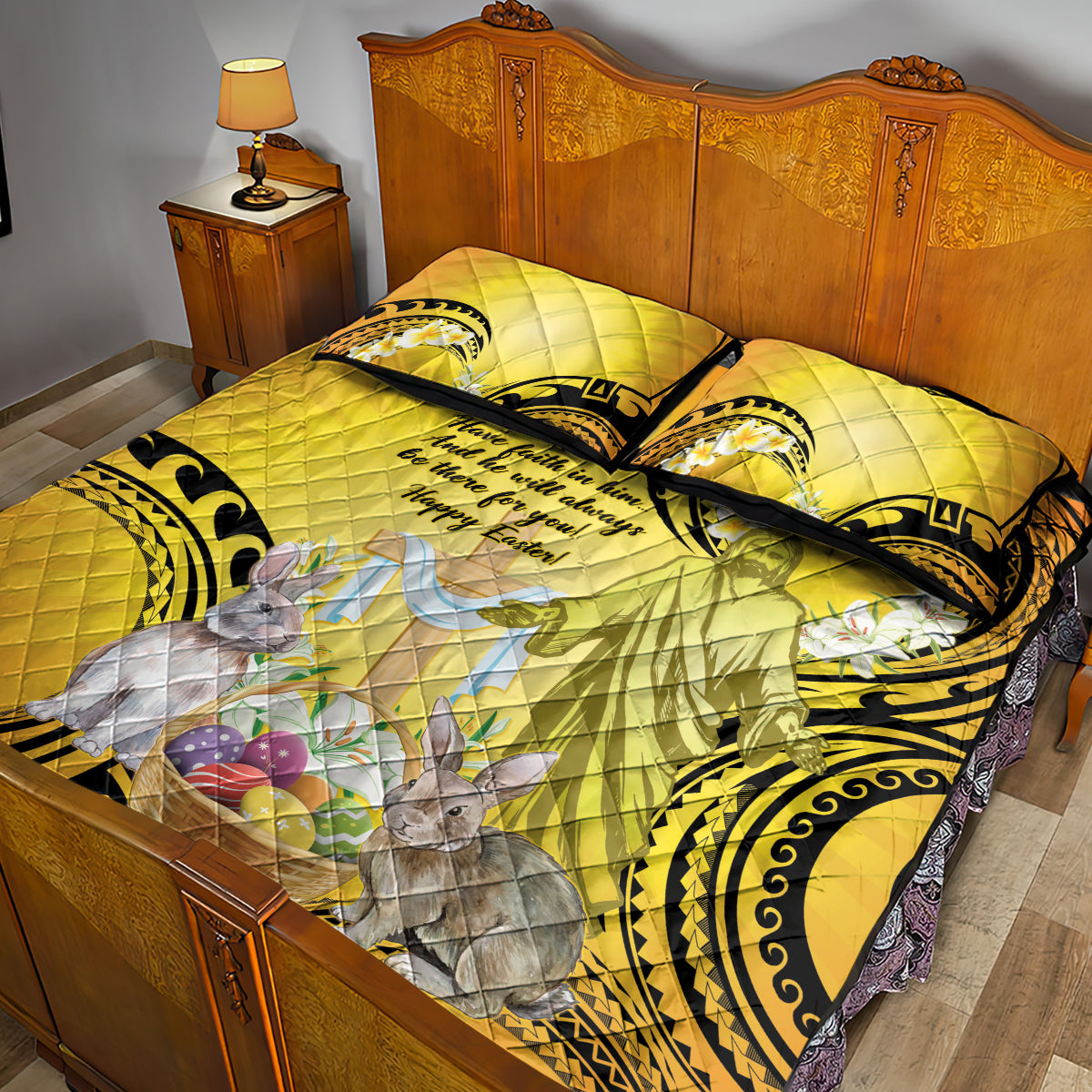 Polynesia Easter Day Quilt Bed Set He Is Risen Lilium Longiflorum Polynesian Pattern