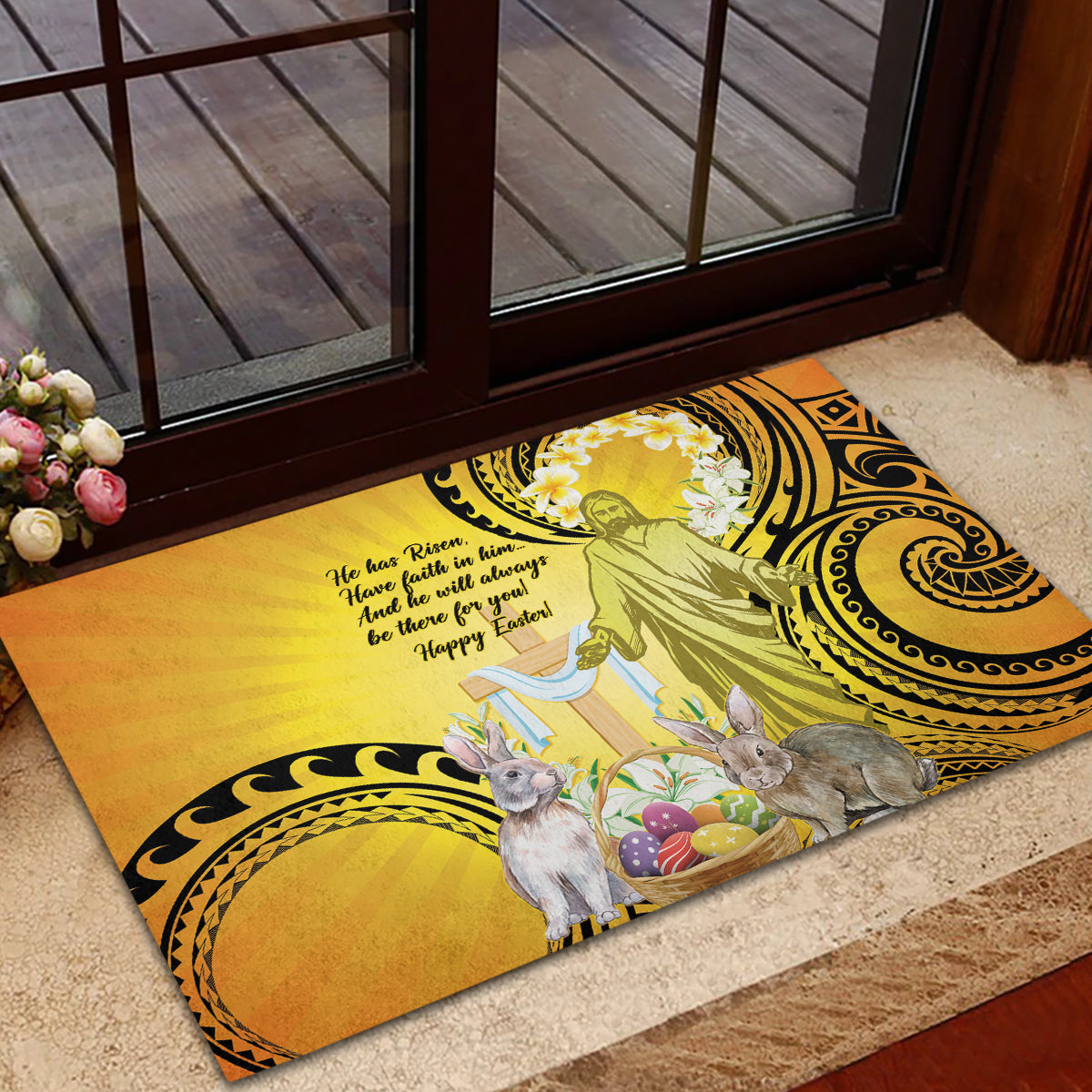 Polynesia Easter Day Rubber Doormat He Is Risen Lilium Longiflorum Polynesian Pattern LT14 - Polynesian Pride