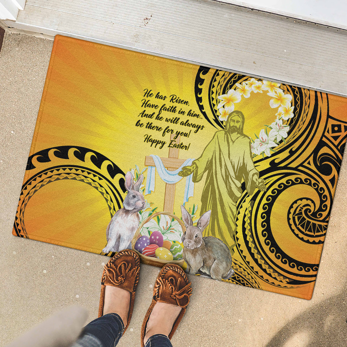 Polynesia Easter Day Rubber Doormat He Is Risen Lilium Longiflorum Polynesian Pattern LT14 - Polynesian Pride