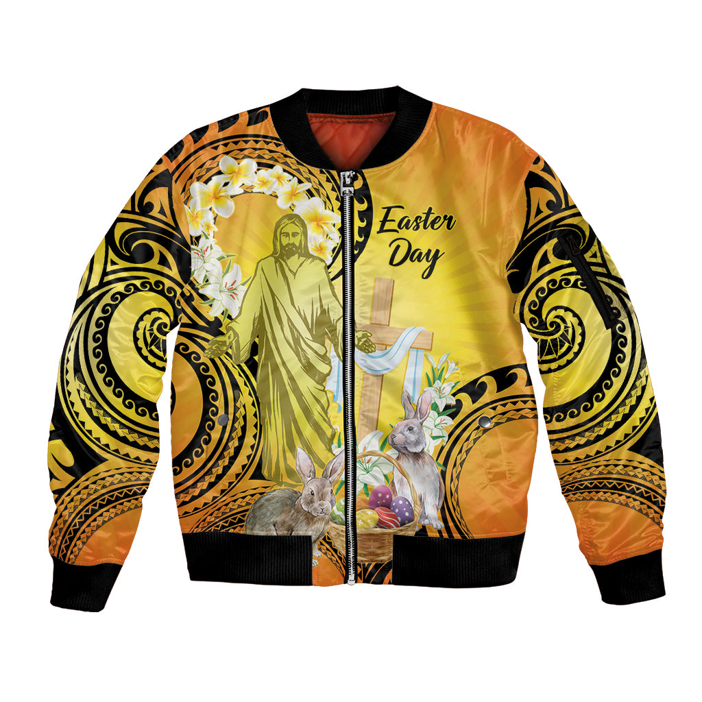 Polynesia Easter Day Sleeve Zip Bomber Jacket He Is Risen Lilium Longiflorum Polynesian Pattern