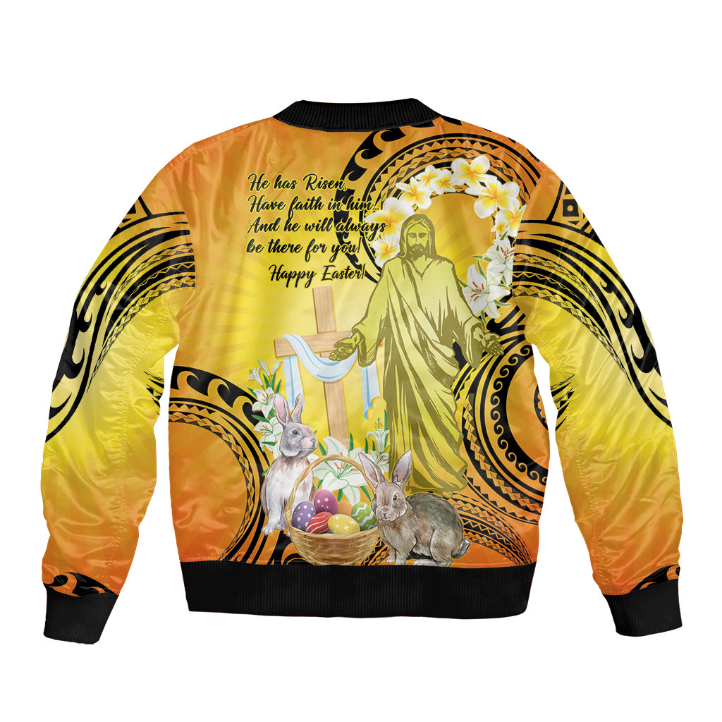 Polynesia Easter Day Sleeve Zip Bomber Jacket He Is Risen Lilium Longiflorum Polynesian Pattern