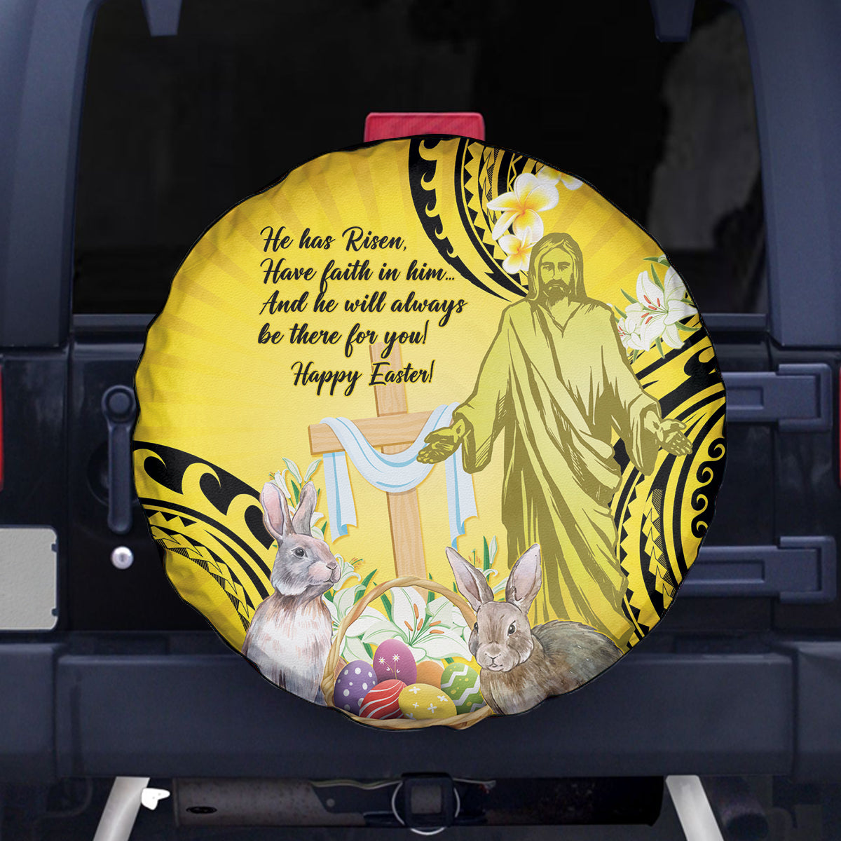 Polynesia Easter Day Spare Tire Cover He Is Risen Lilium Longiflorum Polynesian Pattern