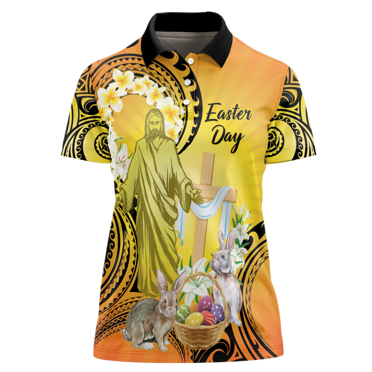 Polynesia Easter Day Women Polo Shirt He Is Risen Lilium Longiflorum Polynesian Pattern