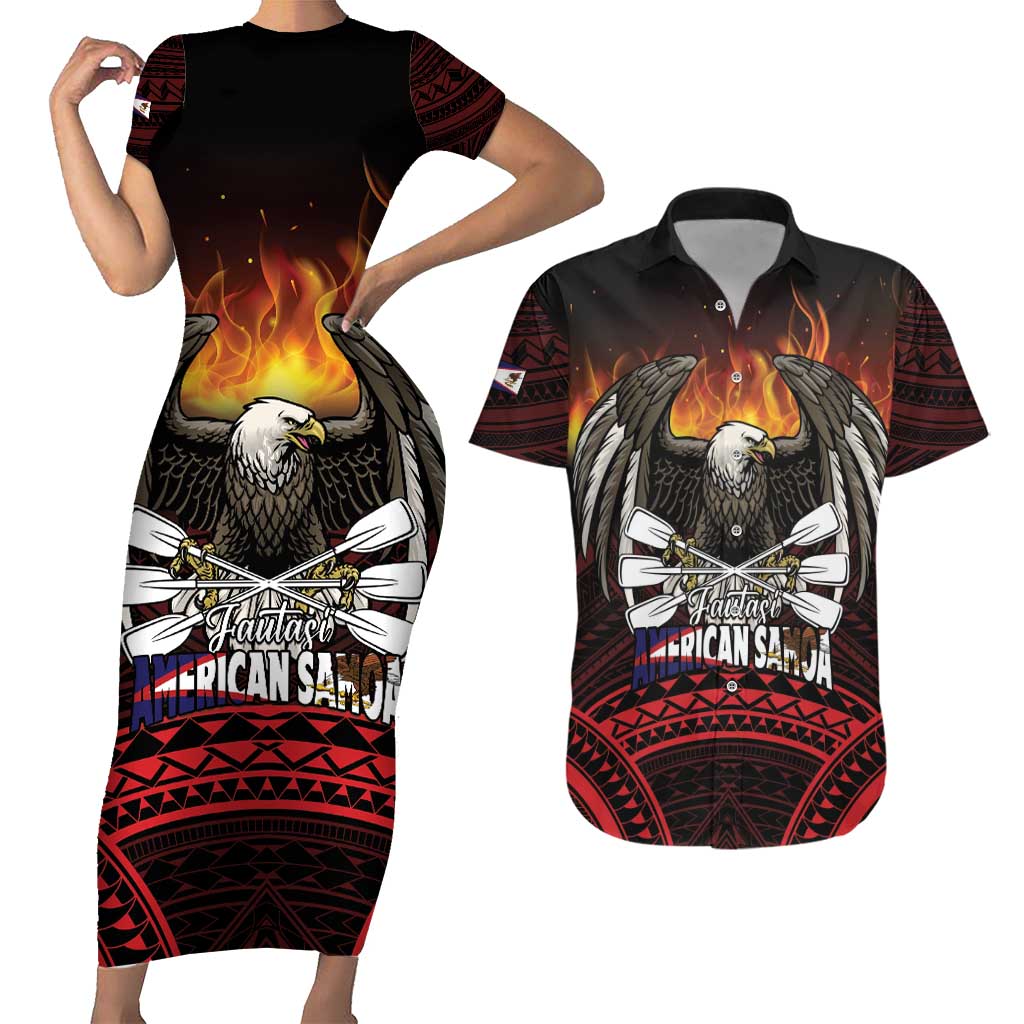 Fautasi Race Day American Samoa Couples Matching Short Sleeve Bodycon Dress and Hawaiian Shirt Bald Eagle Polynesian Tattoo