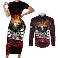 Fautasi Race Day American Samoa Couples Matching Short Sleeve Bodycon Dress and Long Sleeve Button Shirt Bald Eagle Polynesian Tattoo