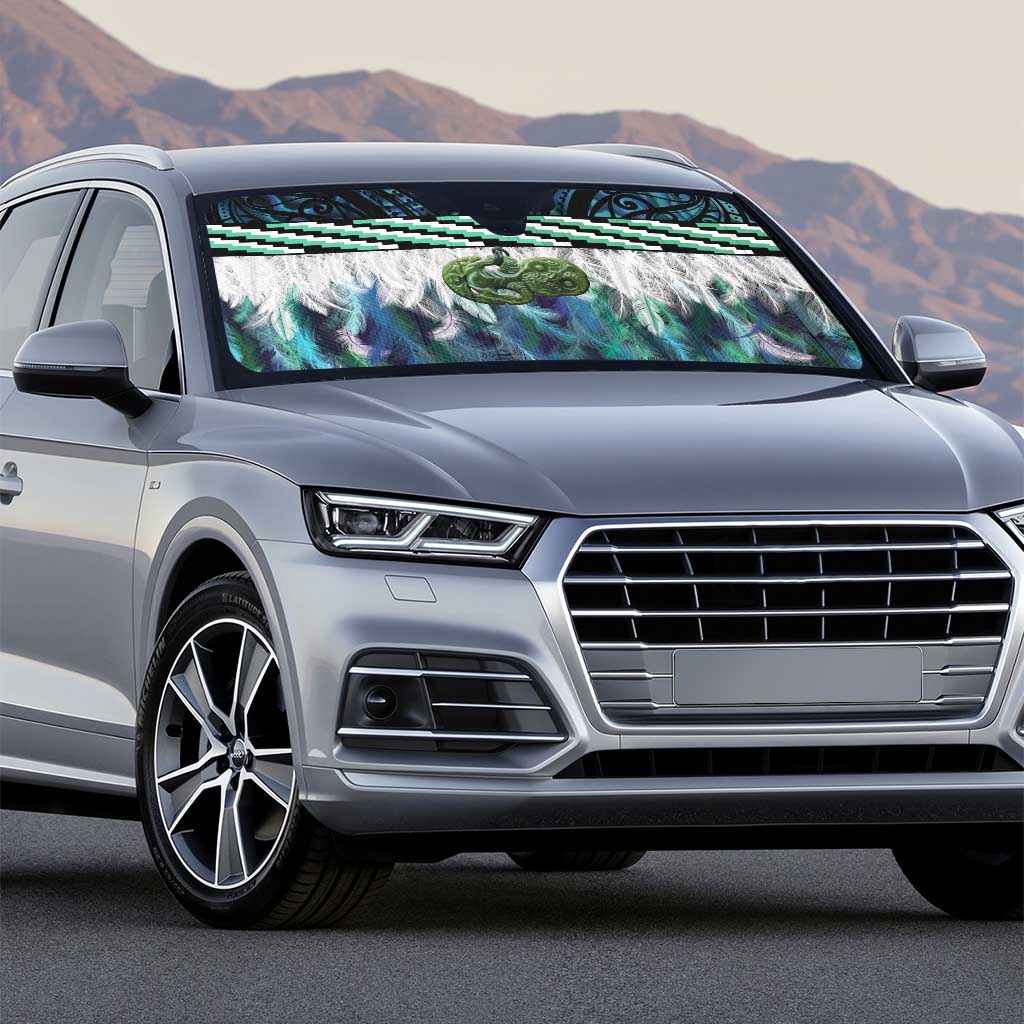 Turquoise Traditional Cloak Aotearoa Auto Sun Shade Maori Paua Shell Korowai Pattern - Polynesian Pride