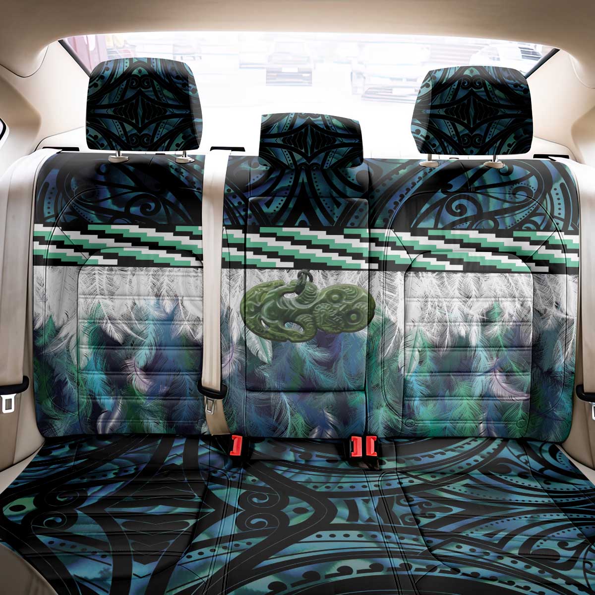 Turquoise Traditional Cloak Aotearoa Back Car Seat Cover Maori Paua Shell Korowai Pattern