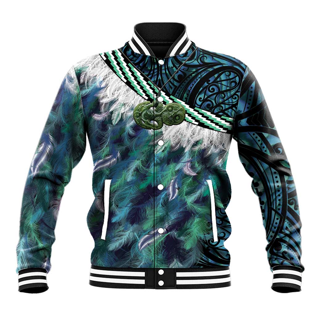 Turquoise Traditional Cloak Aotearoa Baseball Jacket Maori Paua Shell Korowai Pattern