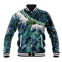 Turquoise Traditional Cloak Aotearoa Baseball Jacket Maori Paua Shell Korowai Pattern
